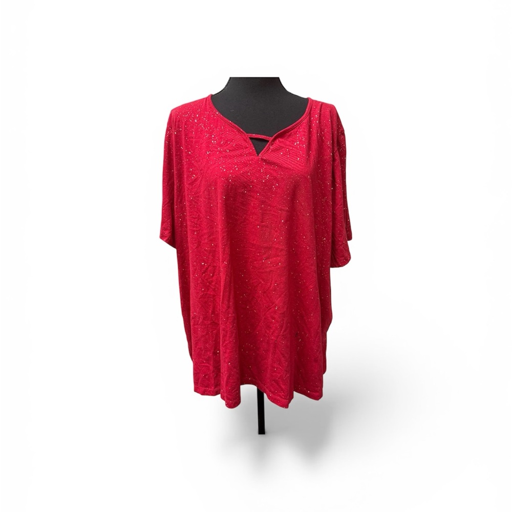 Catherines Red Sparkle Top 3X Plus Size Holiday Glitter Keyhole Blouse - Picture 1 of 7